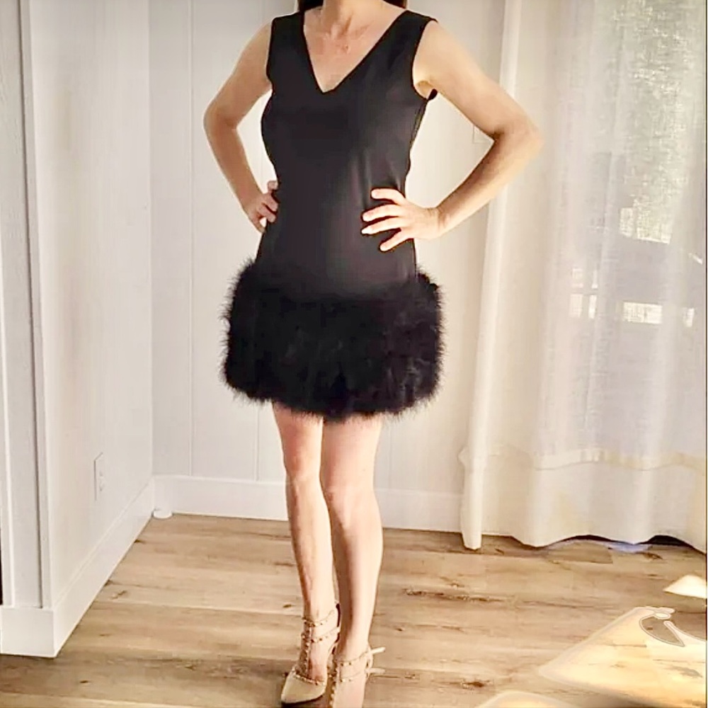 BCBGMAXAZRIA Black Dress with Feather Detail retail $398. Runway item used 2x’s